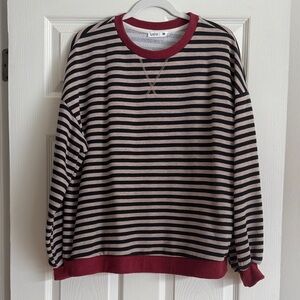 Striped Crewneck Sweater - Black and Tan with Red Accents